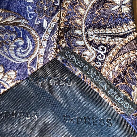 Express Design Studio Paisley Print Blue and Brown 100% Italian Silk Tie - Picture 12 of 12